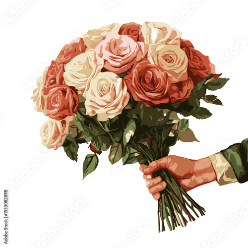 A hand holding a bouquet of red and cream roses, stylized painting style, on white background, concept of love, celebration, or gifting flower delivery