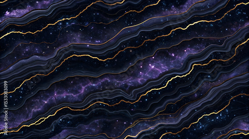 Abstract Cosmic Black Marble Texture with Purple Nebula and Gold Veins image