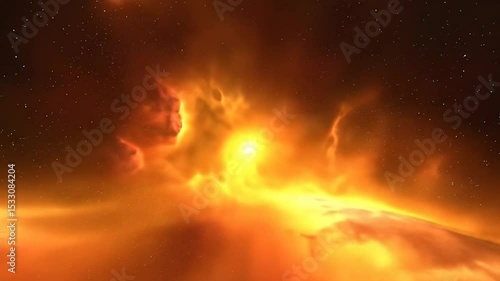 Fiery nebula with bright star.  Vast expanse of space, fiery orange gas clouds, radiant star at center, scattered stars