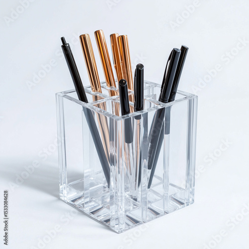 Modern clear acrylic pen organizer with dividers filled with writing utensils.