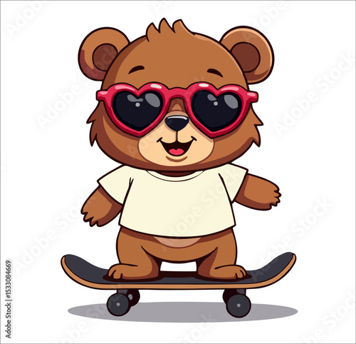 Vector fashion design for children t-shirt. 
Cute brown teddy bear on skateboard
in pink sunglasses isolated on transparent background.  Cartoon print for fabric, clothing for boy and girl. 