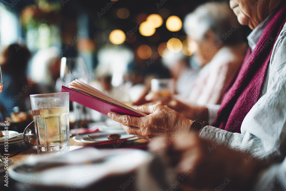 Naklejka premium Seniors enjoying a meal together while reading menus in a cozy restaurant setting