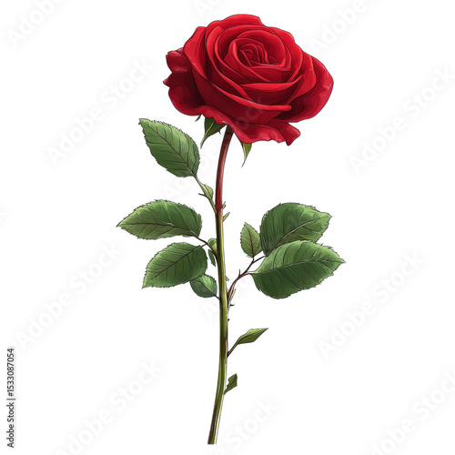 Single Red Rose Illustration Digital Painting, Isolated on Transparent Background, Floral Design, Rose, botanical, illustration
