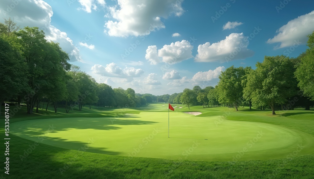 Obraz premium Golf course scene with vibrant green grass, red flag on center. Sunny day with blue sky, fluffy clouds. Golfing recreation sports game, sport training, outdoor hobby. Golf players play club, compete
