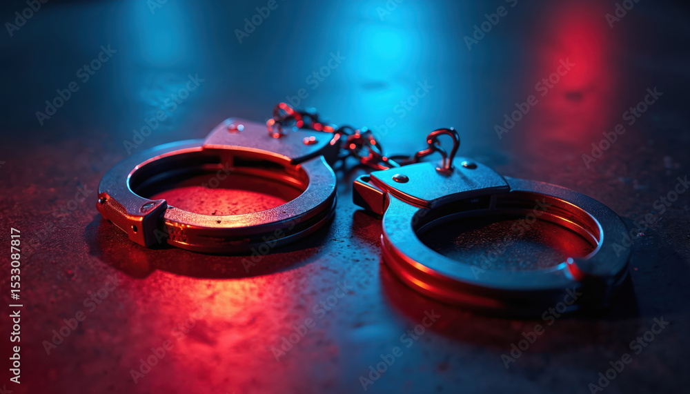 Naklejka premium Illuminated handcuffs on dark surface. Red, blue light create crime scene investigation atmosphere. Metal handcuffs with chain, symbolising arrest, detention, imprisonment. Justice, law enforcement