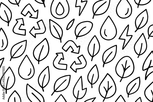 Seamless doodle pattern of eco-friendly symbols in black and white