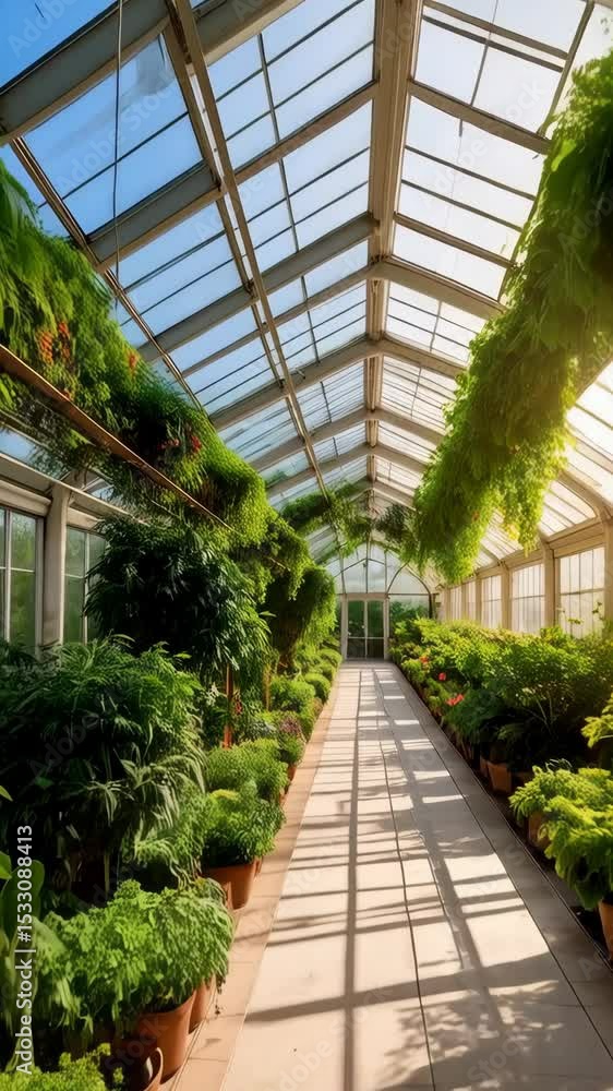 Interior view of a bright greenhouse filled with lush potted plants and climbing vines under a glass roof creating long shadows. Interior view of a bright greenhouse filled with lush potted plants and climbing vines under a glass roof creating long shadows.