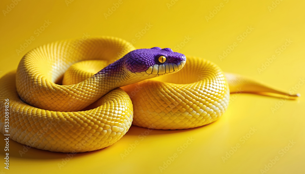Obraz premium Vibrant image features yellow snake with purple head, yellow background. Coiled reptile snake exhibits textured scales, eye. Exotic animal wildlife close-up.