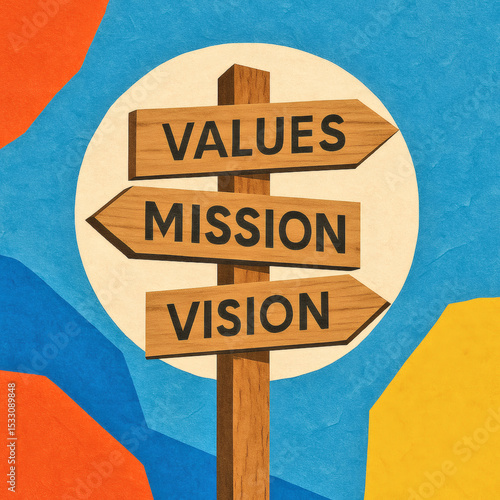 Colorful Modern Collage Artwork, Values, Mission, Vision Signpost, Inspirational Conceptual Design with Layered Cut-Out Elements, Business Motivation Background