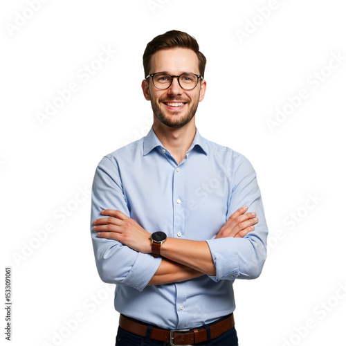 Wallpaper Mural Confident Professional in Blue Shirt with Crossed Arms, Smiling Against White Background. PNG Torontodigital.ca