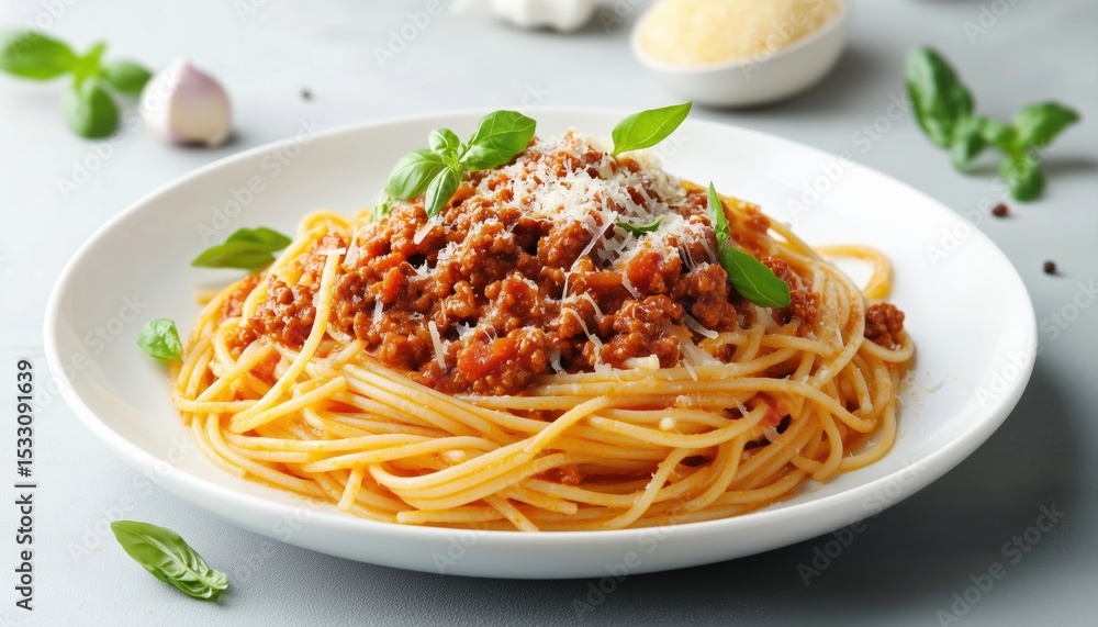 Savory Spaghetti Bolognese Served On A White Plate With Fresh Ingredients Arranged On A Gray Background. Delicious Italian Comfort Food. Savory Spaghetti Bolognese Served On A White Plate With Fresh Ingredients Arranged On A Gray Background. Delicious Italian Comfort Food.