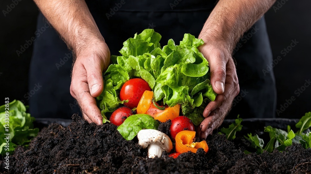 Fototapeta premium Hands holding fresh lettuce, tomatoes, bell peppers, and mushrooms over rich soil in a garden setting.