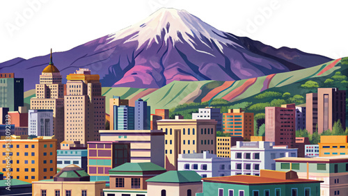 Vector cityscape of La Paz, Bolivia, with Mount Illimani in the background, showing urban elevation, Andean skyline, rooftops, and dramatic mountain scenery