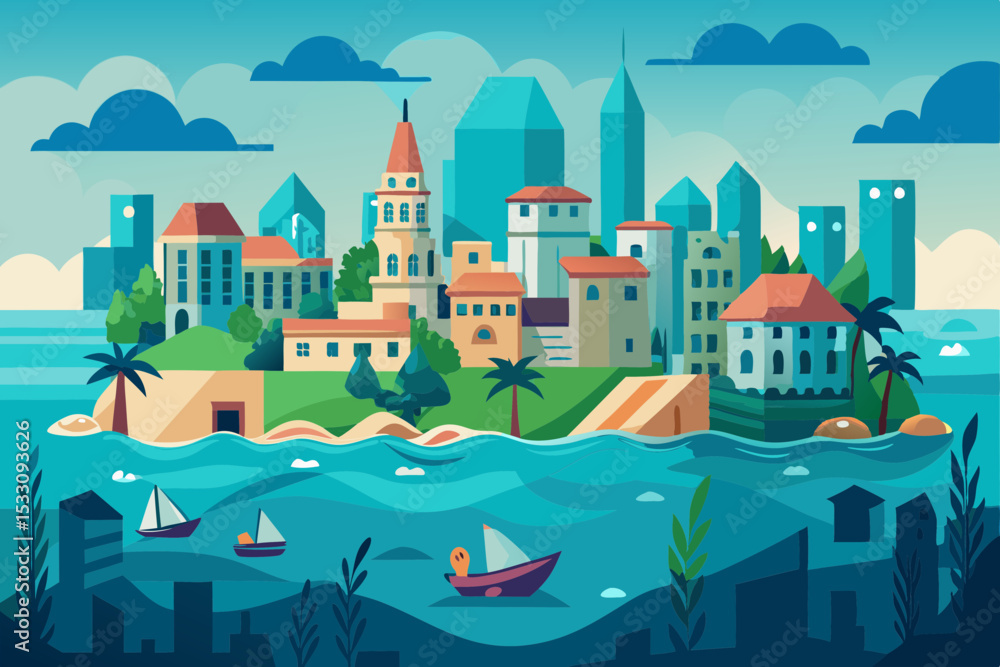 Fototapeta premium Coastal Flood Disaster Scene Vector Illustration