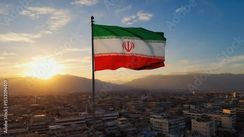 Iranian Flag Waving Proudly Over a City at Sunset