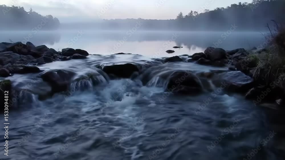 Misty Lake Stream: Water Flowing Over Rocks at Dusk with Foggy Backdrop Misty Lake Stream: Water Flowing Over Rocks at Dusk with Foggy Backdrop