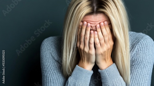 Wallpaper Mural Woman with blonde hair covering her face with hands, expressing distress or anxiety Torontodigital.ca