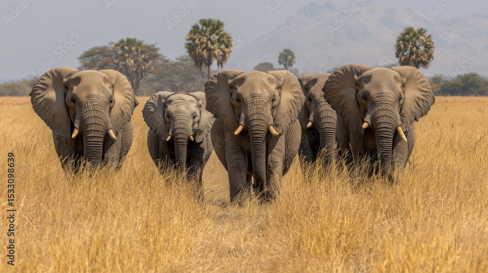Obraz premium Group of five elephants walking through a grassy savannah landscape