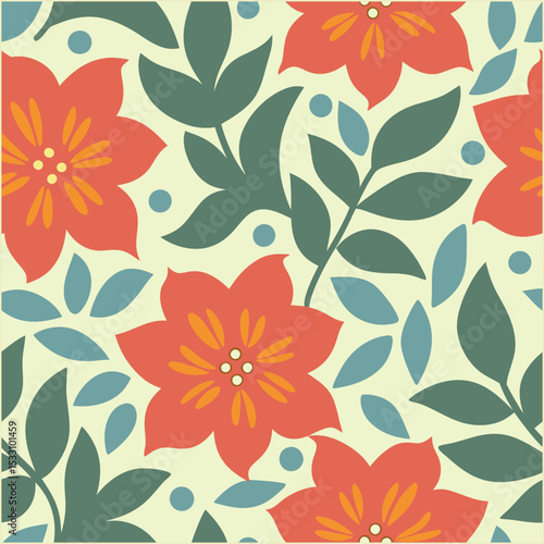 Seamless floral pattern with bold red flowers and dark green leaves in flat design style
