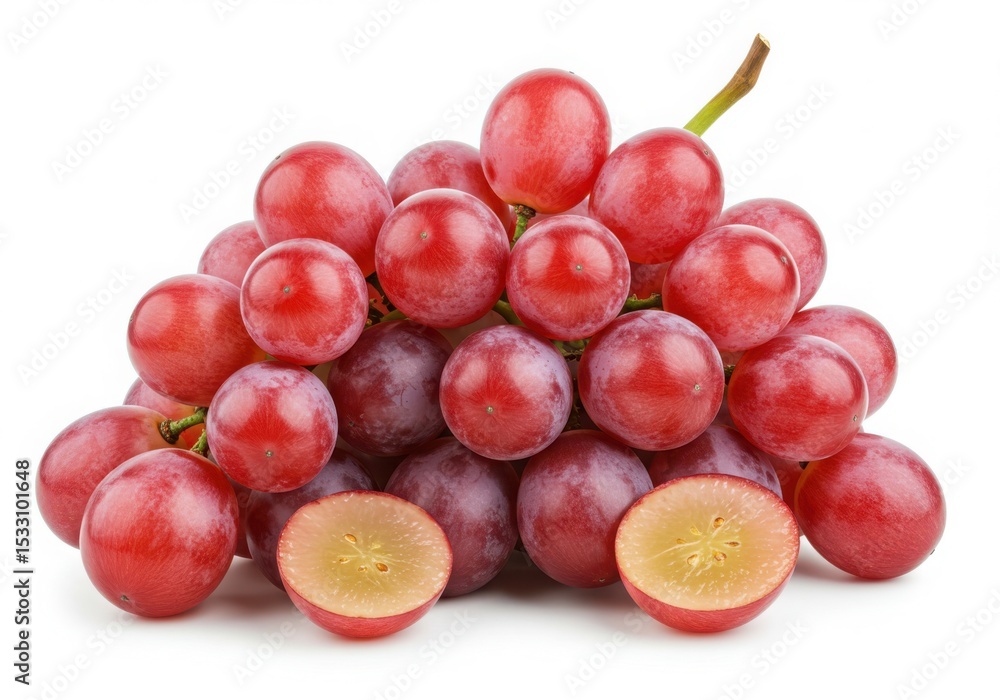 Obraz premium Bunch of red grapes with halves on white background