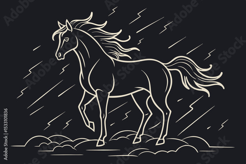 Powerful Horse Battling Nature in Line Art Style