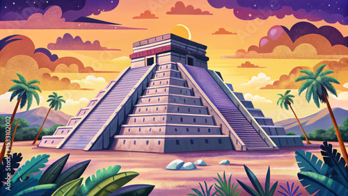 Chichen Itza Mayan pyramid in Yucatán, Mexico, with ancient stone steps, jungle surroundings, clear sky, and archaeological heritage theme