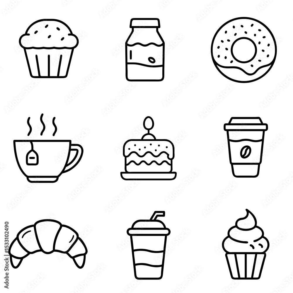 Obraz premium Assorted dessert icons including cupcakes, drinks, and pastries 