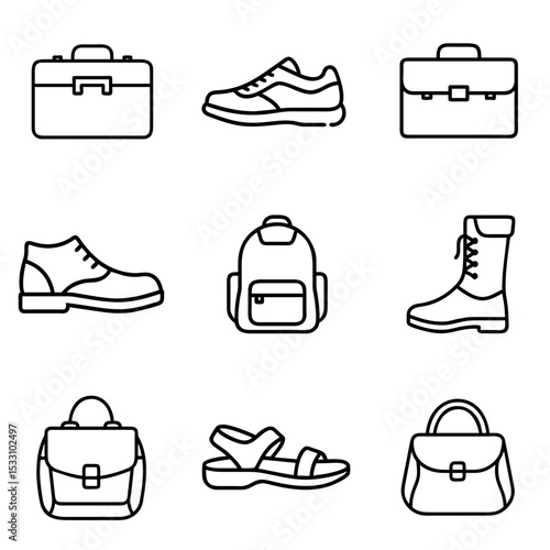 Various shoes and bags in simple line art style