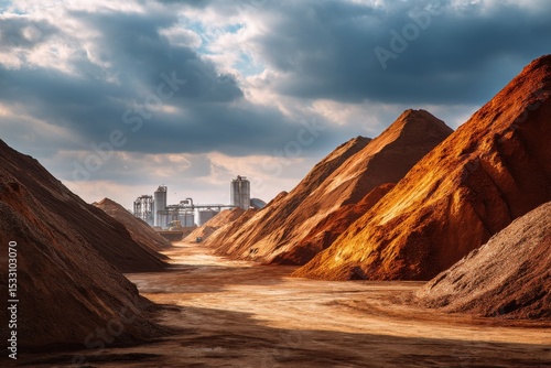 Dramatic view of massive soil heaps at industrial site with processing plant under a cloudy sky, earthmoving equipment