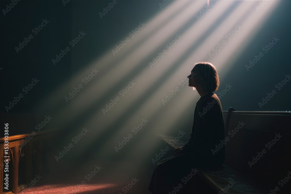 Fototapeta premium A person sits on a pew bathed in light