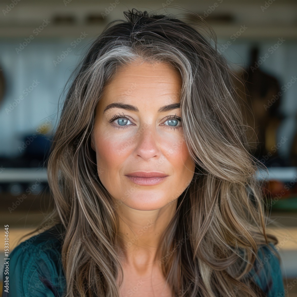 Elegant woman captured on a wooden floor with long hair visually reflecting her emotions in a soft light kitchen setting Elegant woman captured on a wooden floor with long hair visually reflecting her emotions in a soft light kitchen setting