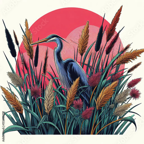 Gray heron standing among tall grasses with a vibrant sunset background  