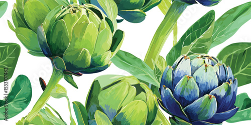Green Artichoke Botanical Seamless Pattern. Healthy Vegetable Food Design for textile, packaging, fabric, wallpaper, branding, stationery, wrapping paper interior decor