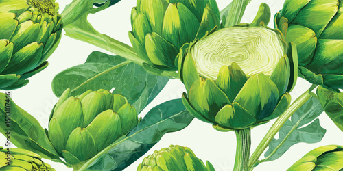 Green Artichoke Botanical Seamless Pattern. Healthy Vegetable Food Design for textile, packaging, fabric, wallpaper, branding, stationery, wrapping paper interior decor