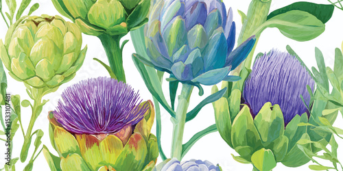 Artichoke Flowers with Green Leaves Seamless Pattern. Botanical Garden Design for textile, packaging, fabric, wallpaper, branding, stationery, wrapping paper interior decor.
