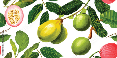 Exotic Guava with Green Leaves Seamless Pattern. Tropical Botanical Design for textile, packaging, fabric, wallpaper, branding, stationery, wrapping paper interior decor.