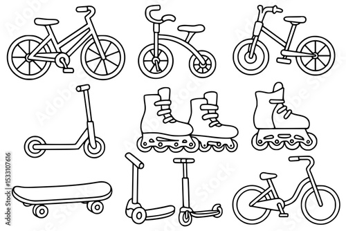 variety of vehicles, bicycle, BMX bike, kick scooter, inline skates, single inline skate, skateboard, scooter, bike