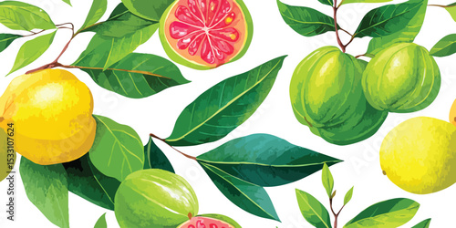 Exotic Guava with Green Leaves Seamless Pattern. Tropical Botanical Design for textile, packaging, fabric, wallpaper, branding, stationery, wrapping paper interior decor.