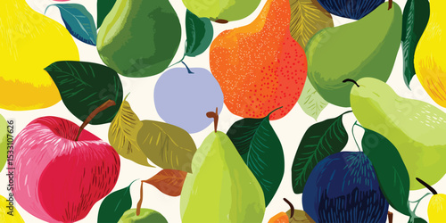 Assorted Fruit Varieties apple, pear and Leaves Seamless Pattern. Modern Harvest Botanical Design for textile, packaging, fabric, wallpaper, branding, stationery, wrapping paper interior decor.