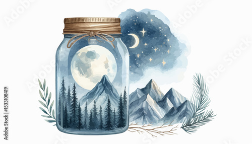 illustration of a moon and the mountains trapped in a mason jar 