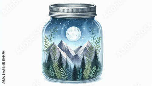 illustration of a moon and the mountains trapped in a mason jar 