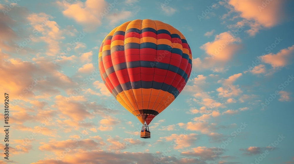 Fototapeta premium Colorful hot air balloon floats in a bright sky during sunset with scattered clouds