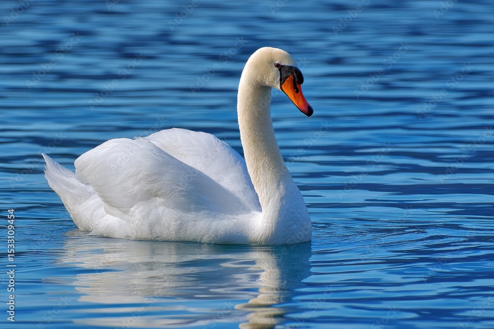 Swan in blue water gracefully swimming Swan in blue water gracefully swimming