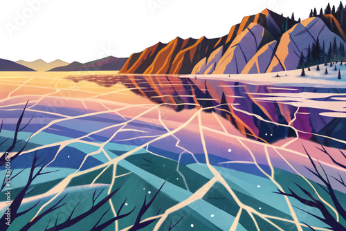 Lake Baikal frozen surface in Siberia, showing deep ice cracks, snowy landscape, cold winter atmosphere, and natural beauty of Russia