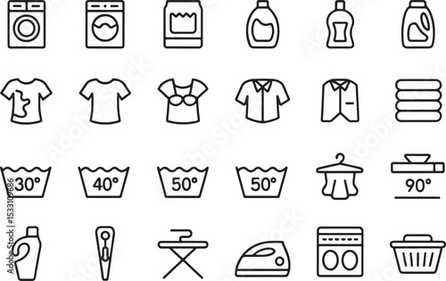 Laundry Line Icons Washing Machine, Clothes, Detergent, Ironing