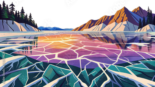 Lake Baikal frozen surface in Siberia, showing deep ice cracks, snowy landscape, cold winter atmosphere, and natural beauty of Russia