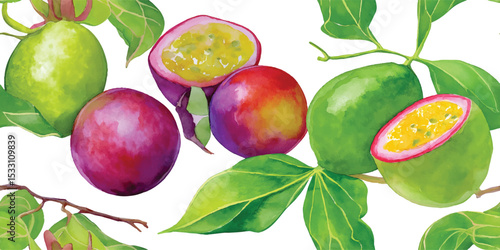 Vibrant Passion Fruit and Green Leaves Seamless Pattern. Tropical Exotic Botanical Design for textile, packaging, fabric, wallpaper, branding, stationery, wrapping paper interior decor.