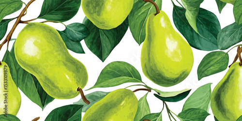 Fresh Pear Fruit and Leaves Seamless Pattern. Juicy Botanical Harvest Design for textile, packaging, fabric, wallpaper, branding, stationery, wrapping paper interior decor.