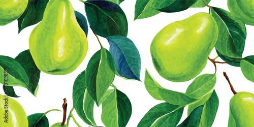 Fresh Pear Fruit and Leaves Seamless Pattern. Juicy Botanical Harvest Design for textile, packaging, fabric, wallpaper, branding, stationery, wrapping paper interior decor.