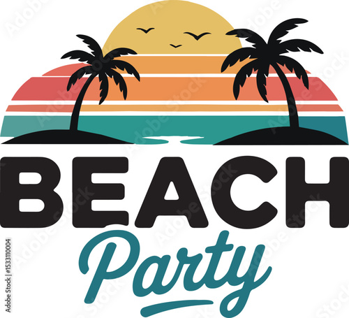 Retro Sunset Beach Party Design Palm Trees, Ocean, and Summer Vibes